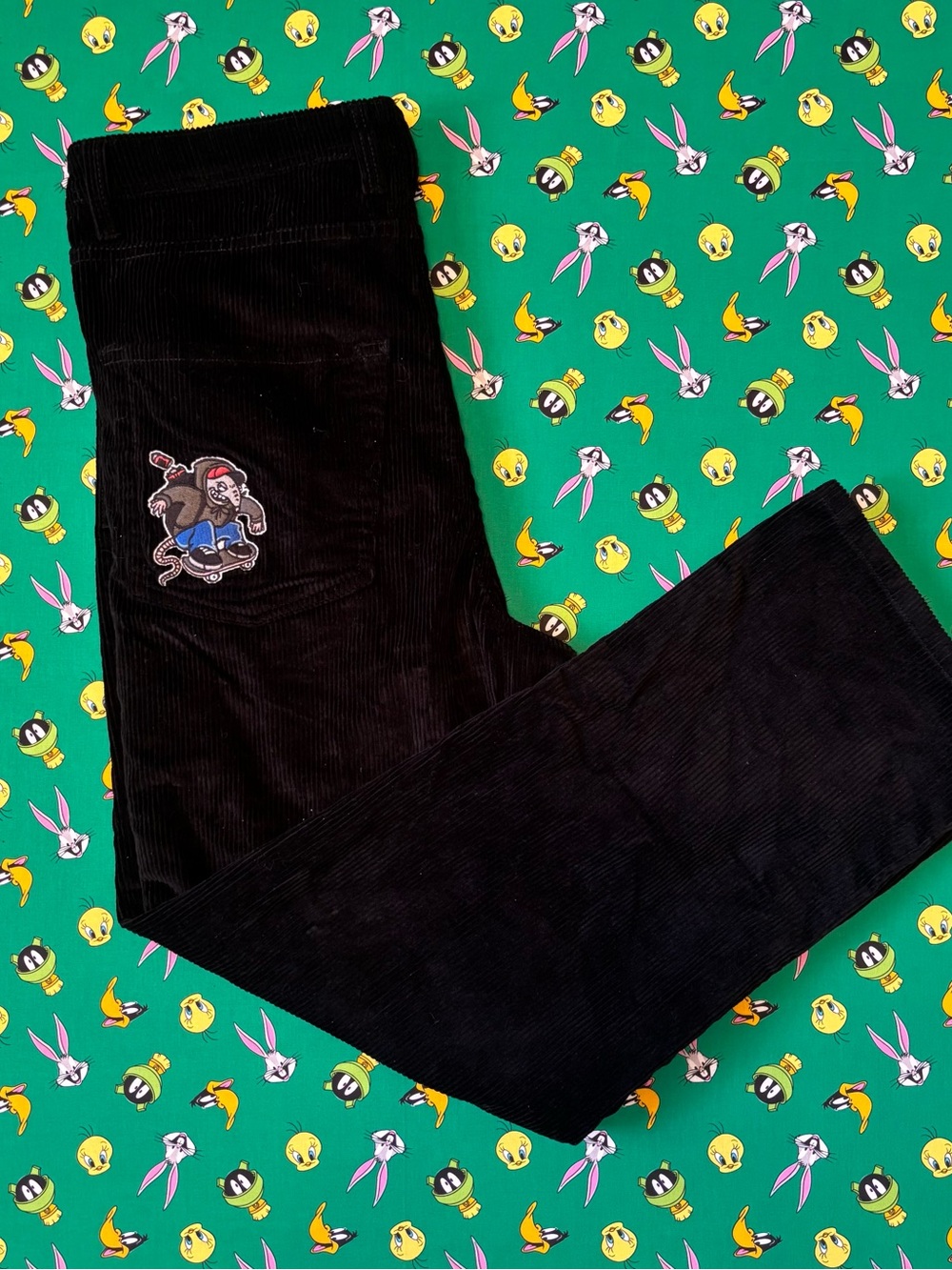 Empyre Black Corduroy Men’s Pants with Embroidered Patch